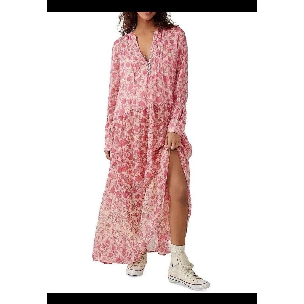 Free People See It Through Floral Sheer Long Sleeve Maxi Dress Pink Small PLS RE
